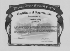 Certificate of appreciation presented by Brooke Army Medical Center to Herb Cooley