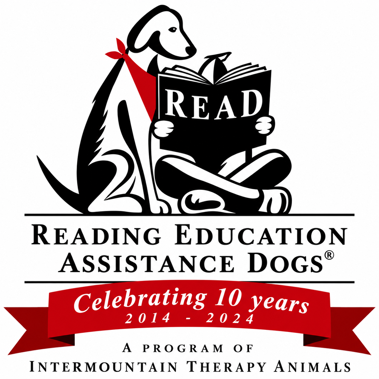 Reading Education Assistance Dogs logo: a dog wearing a red bandana reading a book, a program of Intermountain Therapy Animals