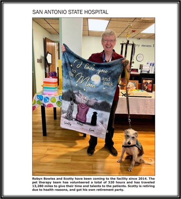 San Antonio State Hospital volunteer highlight honoring Robyn and therapy dog Scotty