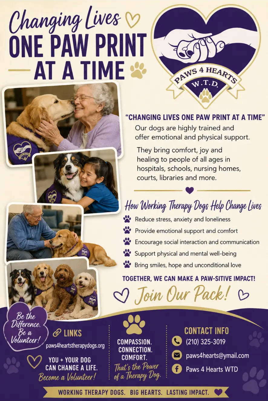 Paws 4 Hearts flyer: Changing lives one paw print at a time. Be the difference — be a volunteer. You and your dog can change a life.