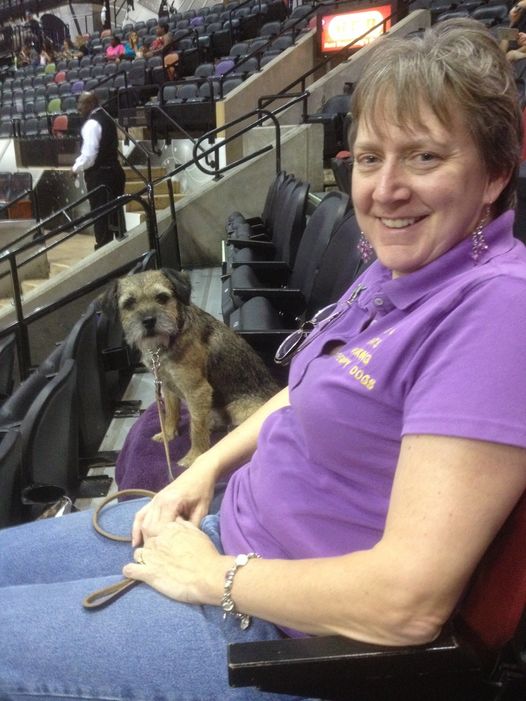 A smiling volunteer in a purple Paws 4 Hearts shirt sitting in stadium seats with a small terrier therapy dog