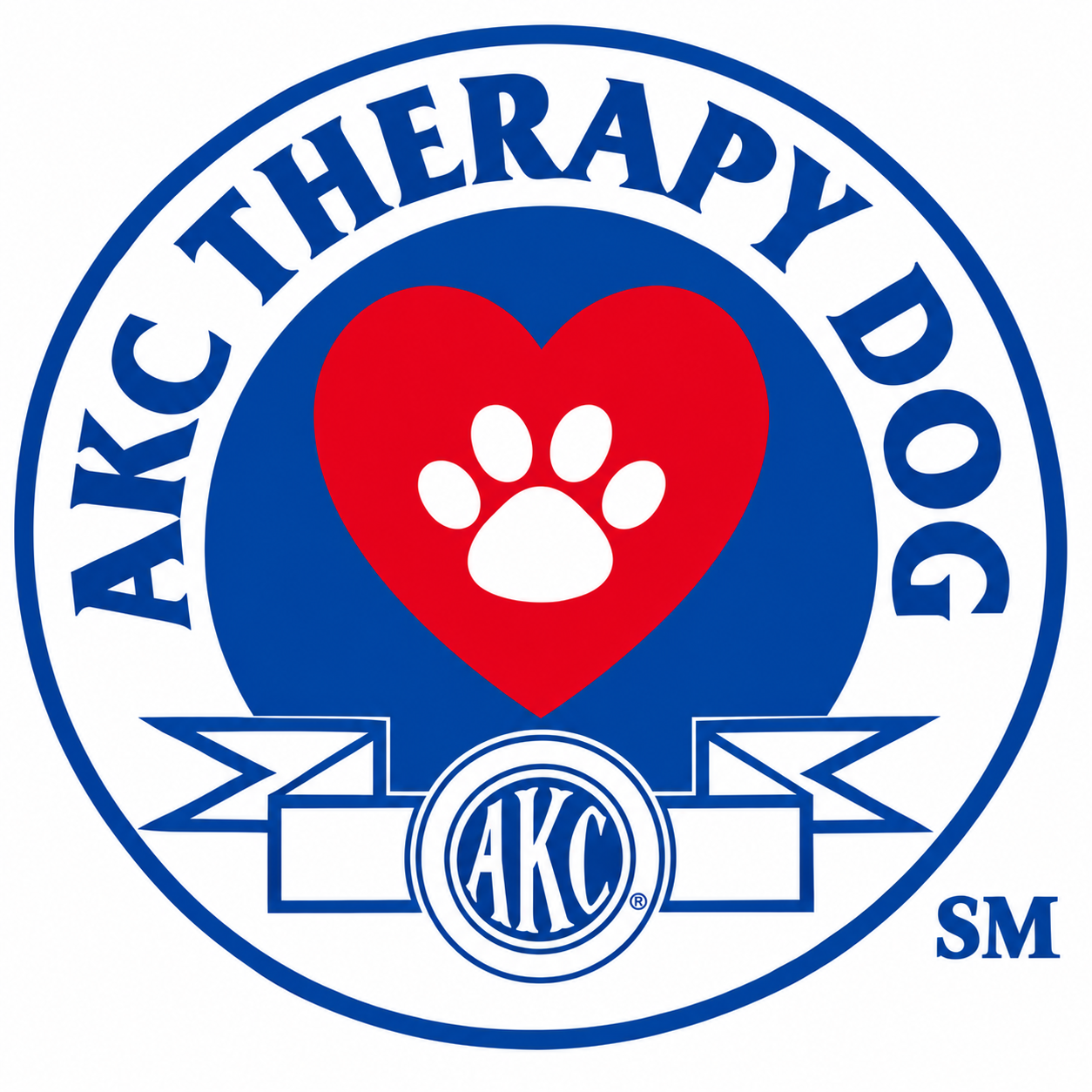 AKC Therapy Dog logo: a red heart with a white paw print inside a blue ring, with the AKC seal on a ribbon below